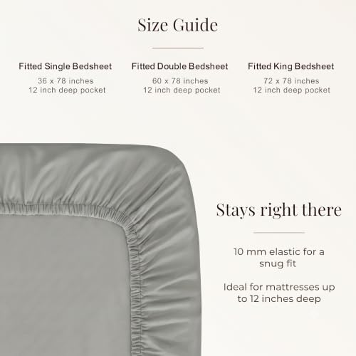 Image of Huesland 300 TC Premium 100% Pure Cotton Luxe Soft Touch Fitted Single Size Bedsheet Cotton with 2 Pillow Covers | Steel Grey | 36 x 78 Inches