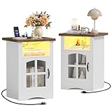 JUMMICO End Table with Charging Station and LED Open Shelf & Glass Door Cabinet, Farmhouse Nightstand with 20W Fast Charge, Side Table for Living Room (2,White & Brown)