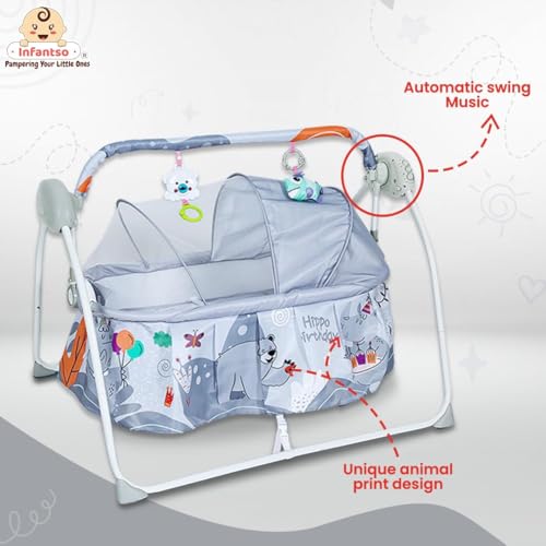 Image of Infantso Iron Baby Cradle Swing for New Born Baby with 3 Point Safety Harness, Hanging Toys, Soothing Lullabies Music, Cradle for 0 to 2 Years Baby Boys and Girls Baby Jhula (Grey, Animal)