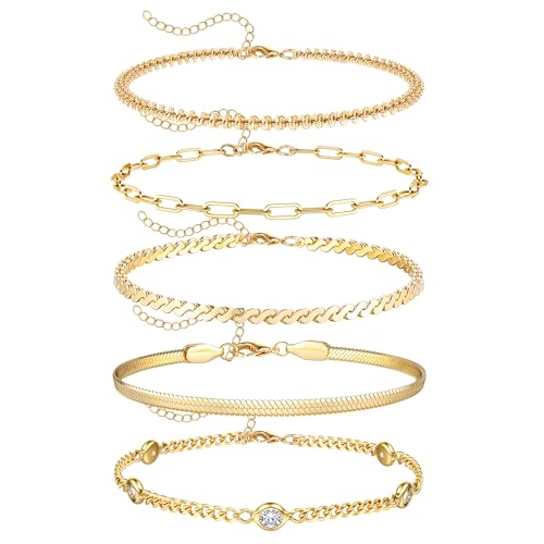Image of DOCHAIS 5Pcs Gold Tone Bracelet for Women, Stacking Bracelets Chain CZ Set | Rope Cuban Figaro Herringbone Bead Bracelets Adjustable Link Bracelet for Women Girls