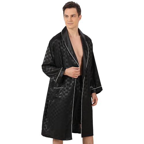 Haseil Men's Kimono Robe with Shorts Satin Bathrobe Silk Pajama Long Sleeve Lightweight Sleepwear Set, Black, XL