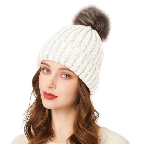 Bonnet d'hiver tricoté pour filles avec un pompon doux en couleur unie