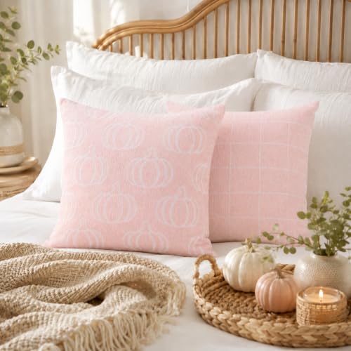 Image of Fall Pumpkin Chenille Pillow Covers,Autumn Decor (Pink,20x20) | Double-sided pumpkin and plaid designs, thick chenille texture, hidden zipper, for couch, sofa, bed, farmhouse autumn decor