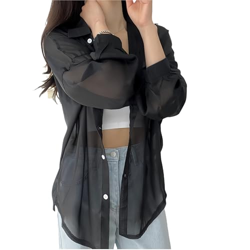 [KOEKOI] シアーシャツ カーディガン 夏 レディース ロング丈 大きい 薄手 UVカット長袖 透け感 ブラウス シャツ シフォン 冷房対策 紫外線対策 tシャツ UVカーデ シアー トップス シースルー チュール 重ね着 ロングカーディガン (黒-通常, Free Size)のサムネイル