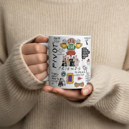 Image of Friends TV Show All-Over Quote and Character Icons Themed Ceramic Coffee Mug, 11oz (330ml), Featuring Central Perk, Pivot! and Joey Doesn't Share Food! Quotes, Ideal for Die-Hard Fans