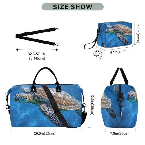 Large Travel Duffel Bag, Retro Sea Turtle Blue Sport Tote Gym Bag, Shoulder Weekender Overnight Bag for Women Men, Carry On Luggage with Toiletry Bag3