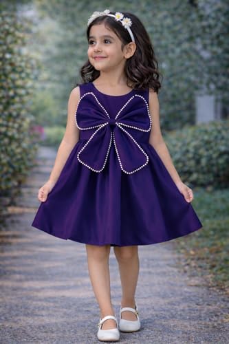 Image of Buy & Try Girls Frock Dress Crystal Moti Embellished Sleeveless Butterfly Design | Knee Length Birthday Dress for Kids with Zipper Closure