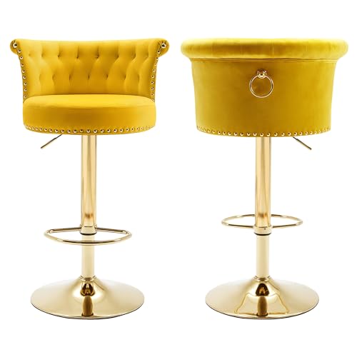 SLEERWAY Bar Stools Set of 2, Modern Adjustable Swivel Barstools, Upholstered Tufted Velvet Counter Height Bar Stools Chair with Back and Footrest for Bar, Kitchen, Cafe, Dining Room, Yellow