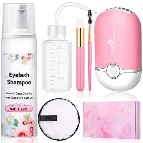 Qinzave 150ml Eyelash Extension Cleanser with USB Fan, Lash Shampoo for Extension with Makeup Remover Pad Rinse Bottle Mascara Brush Cleaning Brush,Paraben Sulfate Free Lash Shampoo for Salon Home Use