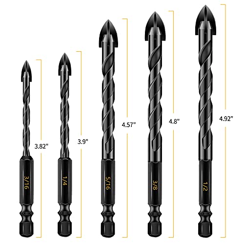 Aleric Masonry Drill Bit Set,5Pcs Concrete Drill Bits Set For Tile, Brick,Glass,Plastic And Wood,Tungsten Carbide Tip Drill Bits For Wall Mirror And Ceramic Tile In Size 3/16,1/4, 5/16,3/8,1/2Inch #TOP2