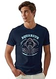 Peppyzone Camiseta de algodón puro con estampado de signo del zodiaco de acuario para hombre, Azul Marino, 48