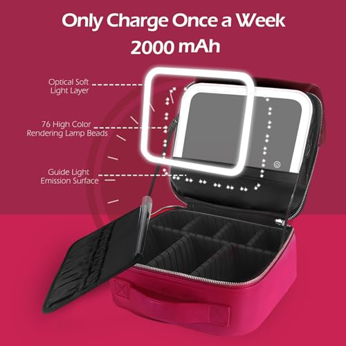 Image of MOMIRA Travel Makeup Bag Cosmetic Bag Makeup Organizer Bag with Lighted Mirror, Adjustable Brightness in 3 Color Scenarios, Waterproof Makeup Train Case, Gift for Women - Rose Red(Woven)