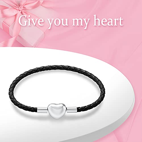 Ningan Leather Charm Bracelet For Women Girls Fit Pandora Sterling Silver Love Heart Snap Clasp Bead, Mother's Day Birthday Jewelry Gifts, Black 7.1In/18Cm Bracelet #TOP6