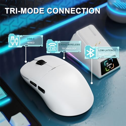 Image of Yindiao AJAZZ AJ159 APEX Wireless Gaming Mouse with Magnetic Charging Base, 56g Lightweight BT /2.4G /USB-C Wired Mouse, PAW3950APEX 42K DPI Optical Sensor, Programmable Buttons for PC /Mac /Win(White)