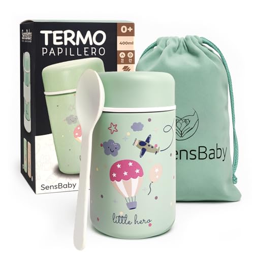 Termo comida bebe – Acero inoxidable 400ml, 8 capas aislamiento que mantiene caliente hasta 12h y fría hasta 24h perfecto para comida fuera de casa incluye cuchara bolsa regalo, solidos (Verde)