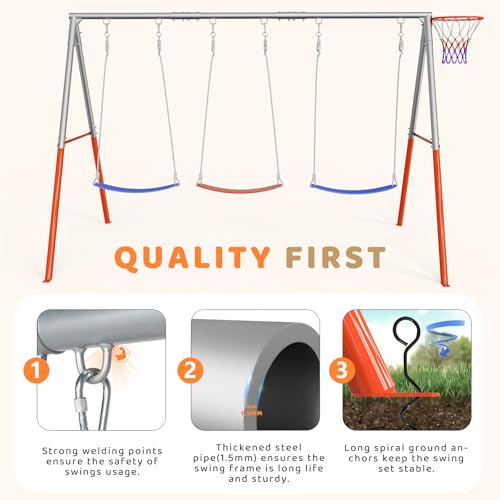 JOYMOR Metal Swing Sets for Backyard with Basketball Hoop, Creative DIY Design for Family Fune, 3 Seat Swingset Outdoor for Kids - DIY Adjustable Playset for Ages 3-12, 500lbs Capacity