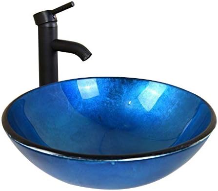 Blue Round Artistic Glass Bathroom Vessel Sink W/Oil Rubbed Bronze Faucet & Pop-up Drain