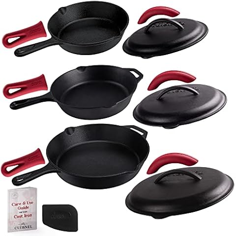 Cuisinel 12" + 10" + 8"-Inch Cast Iron Skillets Set with Braiser Lids + Silicone Handle Grips + Pan Scraper - Indoor/Outdoor Pre-Seasoned Kitchen Cookware - Oven, Fire, Stove Safe Cover