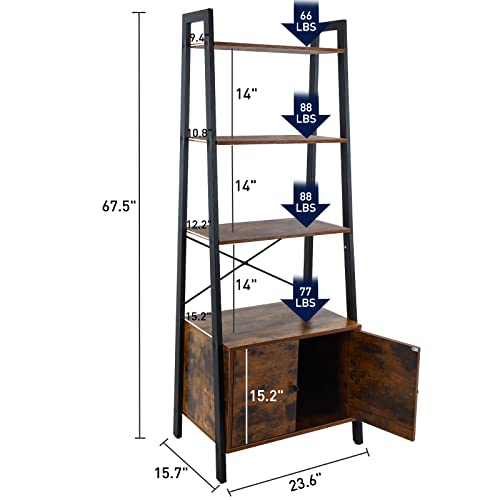 Babion Ladder Shelf, 4-Tier Tall Bookcase With Storage Cabinets Ladder Bookshelf Industrial Wood Storage Shelf With Metal Frame Vintage Display Standing Shelf Units For Home, Office(Rustic Brown) #TOP2