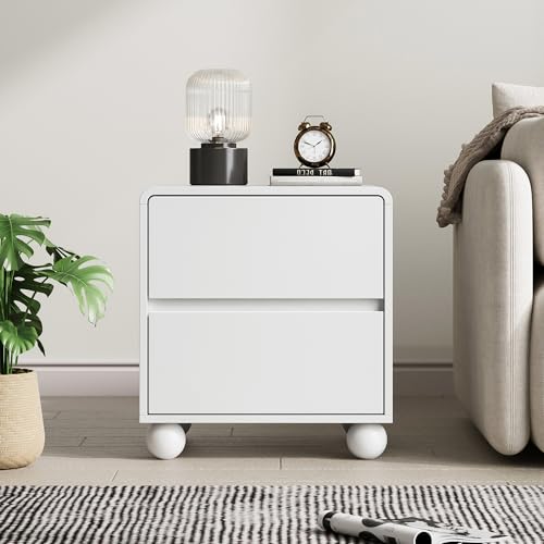 Image of MAISONARIA Curved Nightstand Set of 2, Modern Nightstand with 2 Large Storage Drawers, Wooden Endside Table for Bedroom, White
