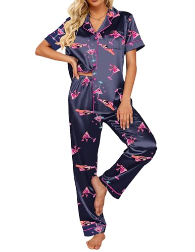 Image of Ekouaer 2 Piece Satin Short Sleeve Pajamas Set Button Down Sleepwear | Soft Pjs Set Classic Loungewear for Wedding, Party, Home, Daily Wear, Date Nights