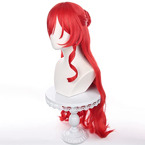 Image of Anime Red Wig with Bangs and Bun Women Long Wave Wig Pre-styled Half Up Half Down wigs Adult COS Game Cosplay Wigs Halloween,Christmas,Comic con,Game Show,Party