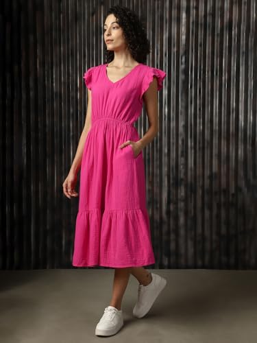 Image of High Star Women Cotton Solid Regular fit V-Neck Sleeveless Dresses