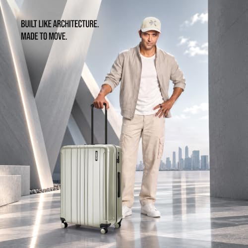 Image of HRX Force Medium Size Silver Polycarbonate Hard Shell Suitcase - Premium Travel Trolley Bag with 8 Spinner Wheels, Number Lock & Water Resistant Body