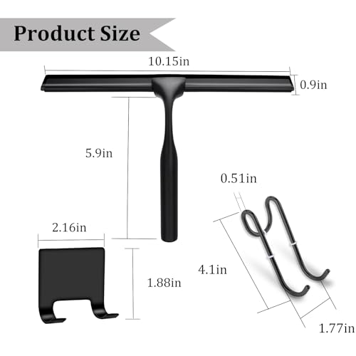 Image of 10 inch Stainless Steel Shower Squeegee for Shower Glass with Adhesive Hook for Cleaning Bathroom Glass Doors Car Window Mirrors and Tile Wall (Matte Black + Hook)