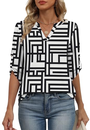 Image of XIEERDUO 3 /4 Length Sleeve Womens Tops V Neck T Shirts Both Side Buttons Blouses Business Casual Outfits Loose Fit