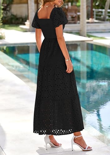 Image of PRETTYGARDEN Summer Dresses for Women 2026 Eyelet Square Neck Puff Sleeve Smocked Wedding Guest Maxi Dress with Pockets