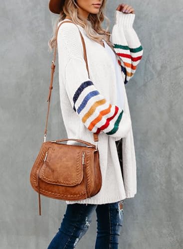 Dokotoo Women's Long Open Front Cardigans Striped Color Block Loose Knit Sweaters Outwear Coat3
