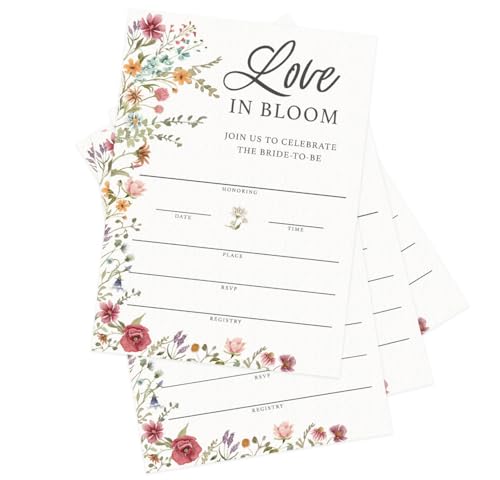 Printed Party Bridal Shower Invitations and Envelopes, Wildflower Theme, Love In Bloom Design, Set of 30