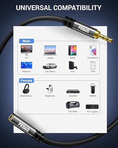 Image of FEDUS BASSX 3.5mm Audio Extension Cable,(TRS, No Mic support) 1 Meter Male to Female Aux Extender Cord, Gold Plated Jack for Headphones, Car Stereo, Speakers, PC, Laptop, Earphone, Headphone, Tablet