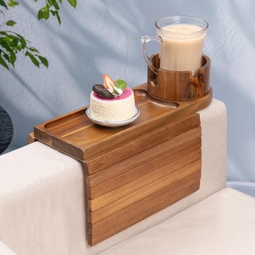 Couch Cup Holder for Armrests Over 4.9" Wide, Acacia Wood Couch Arm Tray with 360 Rotating Cup Holder, 3 in 1 Foldable Sofa Arm Tray Table for Remote, Snacks, Phone, Drinks