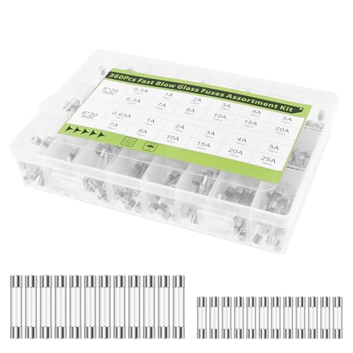 360PCS 24 Werte Glassicherungen Sortiment 6x30mm (0.63 1 2 3 4 5 7 8 10 15 20 25A), 5x20mm (0.5 1 2 3 4 5 6.3 7 8 10 15 20A) Feinsicherungen Glasrohrsicherung Set mit Kunststoffbox
