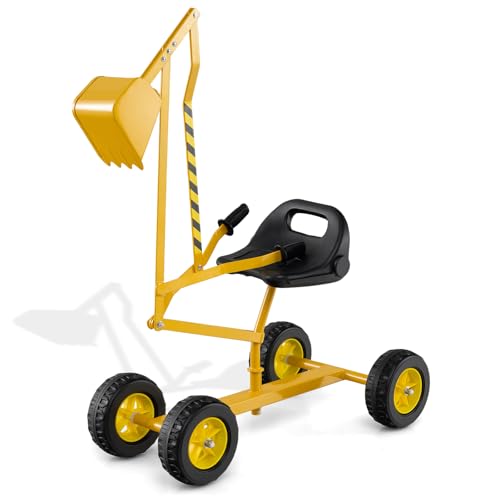 COSTWAY Excavadora de Arena para Niños, Controles de 2 Manos y Pala Flexible, Asiento Giratorio 360° y Respaldo, Excavadora Juguete Grande para Niños de 3+ Años, Carga 50kg (Amarillo, Ruedas)