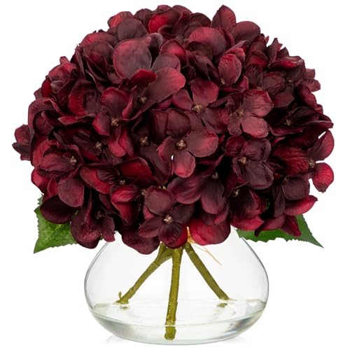 Hollyone Dark Red Fall Hydrangea Artificial Flowers for Decoration in Glass Vase Autumn Silk Faux Flower Arrangements with Faux Water Table Centerpiece Vase with Fake Flowers Fall Decorations for Home