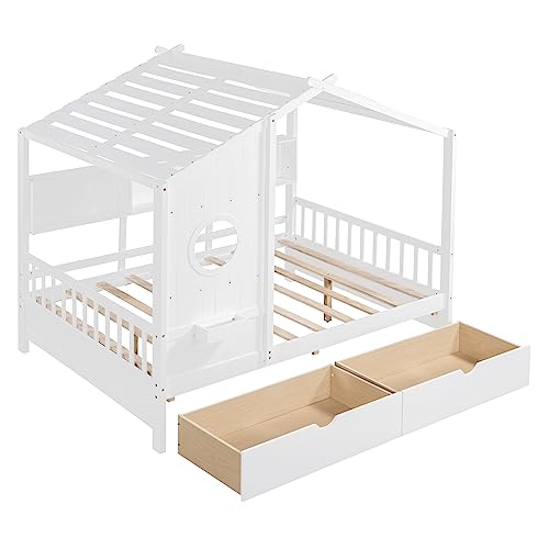 MERITLINE Full House Bed with Storage Drawers & Bookcase, Montessori Platform Frame with Rails & Roof, Solid Wood Playhouse for Kids Teens Girls Boys (Full Size, White) - Thumbnail 6