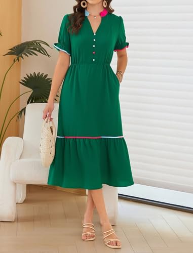 Image of Theenkoln Womens Casual Midi Dress: Short Sleeve V-Neck Empire Waist Gingham Spring Fashion Long Trendy Tiered Formal Dresses