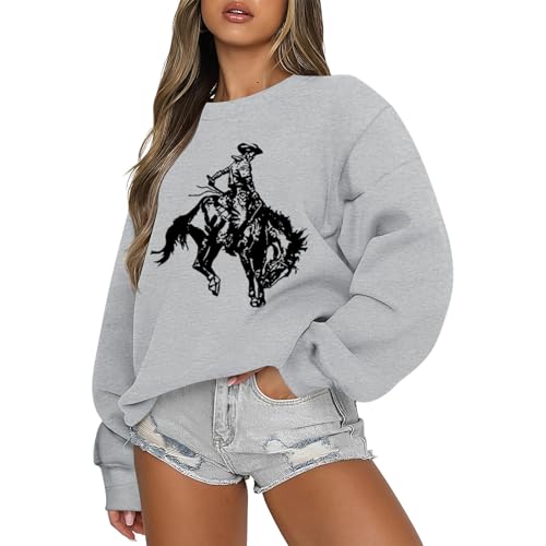 Weetiotio Western Cowboys Graphic Sweatshirts For Women Cowgirls Rodeo Oversized Sweatshirt Country Concert Crewneck Outfits(Light Gray,XL)