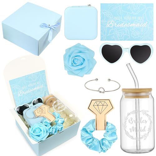 HOMENERGY 9 Pcs Bridesmaid Proposal Gifts - Will You Be My Bridesmaid Kit with Elegant Box Jewelry Box Glass Cup Invited Cards Knotted Bracelets Sunglasses Scrunchies Raffia Grass (Blue)