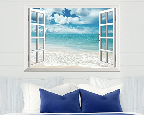 Flfk Fake Window Wall Sticker - Summer Beach Faux Window Wall Mural For Wall Decor, Stick And Peel Wall Decals,16"X24" #TOP2