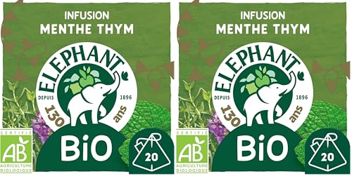 Elephant, Infusion Bio, Goût Menthe et Thym, Ingrédients d'Origine 100% Naturelle, Bien Etre et Relaxation, 20 Sachets Pyramid (Lot de 2)