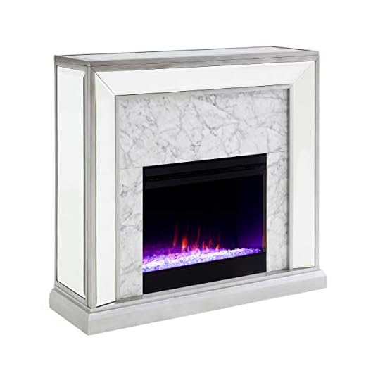 SEI Furniture Trandling Mirrored & Faux Marble Color Changing Electric Fireplace, Antique Silver-White Marble