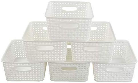 Neadas White Plastic Woven Rattan Storage Baskets, 6 Pack