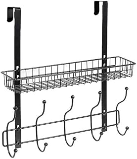KEIMIX Coat Rack, Over The Door Hanger with Mesh Basket, Detachable Storage Shelf