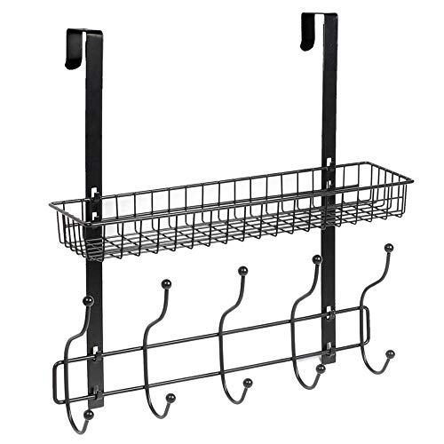 KEIMIX Coat Rack, Over The Door Hanger with Mesh Basket, Detachable Storage Shelf