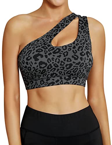 Sykooria Womens One Shoulder Sports Bras Workout Yoga Bra Sexy Cute Medium Support Leopard Print Black S-Xxl #TOP14