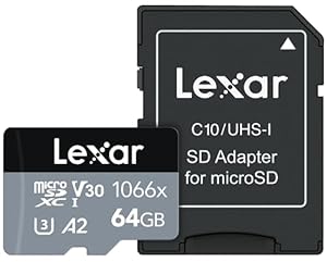 Lexar 64 GB professionelle 1066x Micro-SD-Karte mit SD-Adapter, UHS-I, U3, V30, A2, Full HD, 4K, bis zu 160/70 MB/s Speicherkarte, für Action-Kameras, Drohnen, Smartphones, Tablets (LMS1066064G-BNANU)